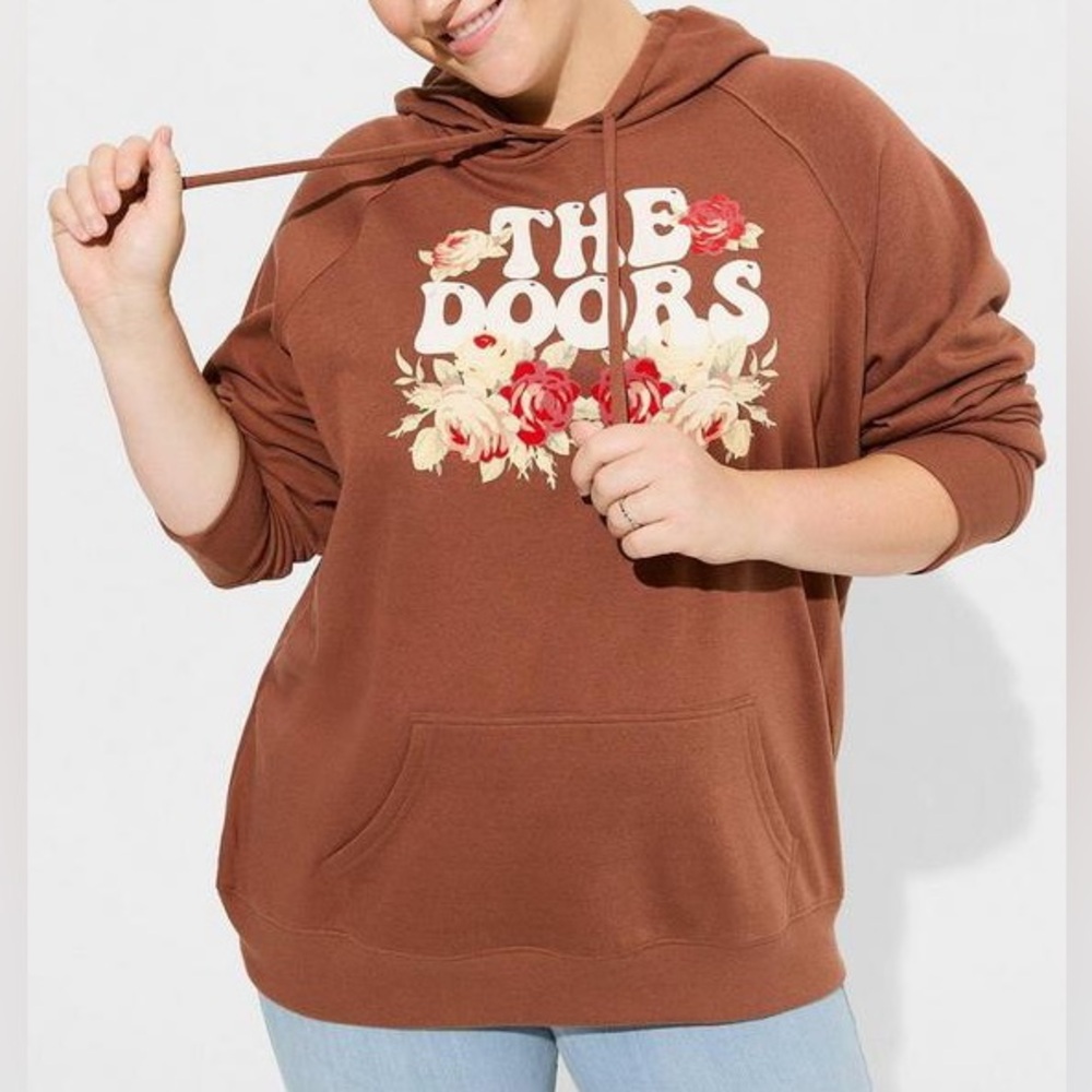 Torrid The Doors Cozy Brown Fleece Flocked Hoodie with Floral Graphic